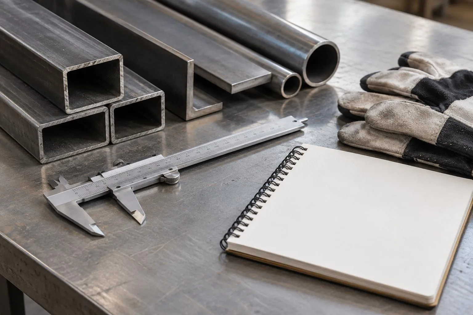 Metallprofile, Messschieber und Arbeitshandschuhe auf einer Werkbank.